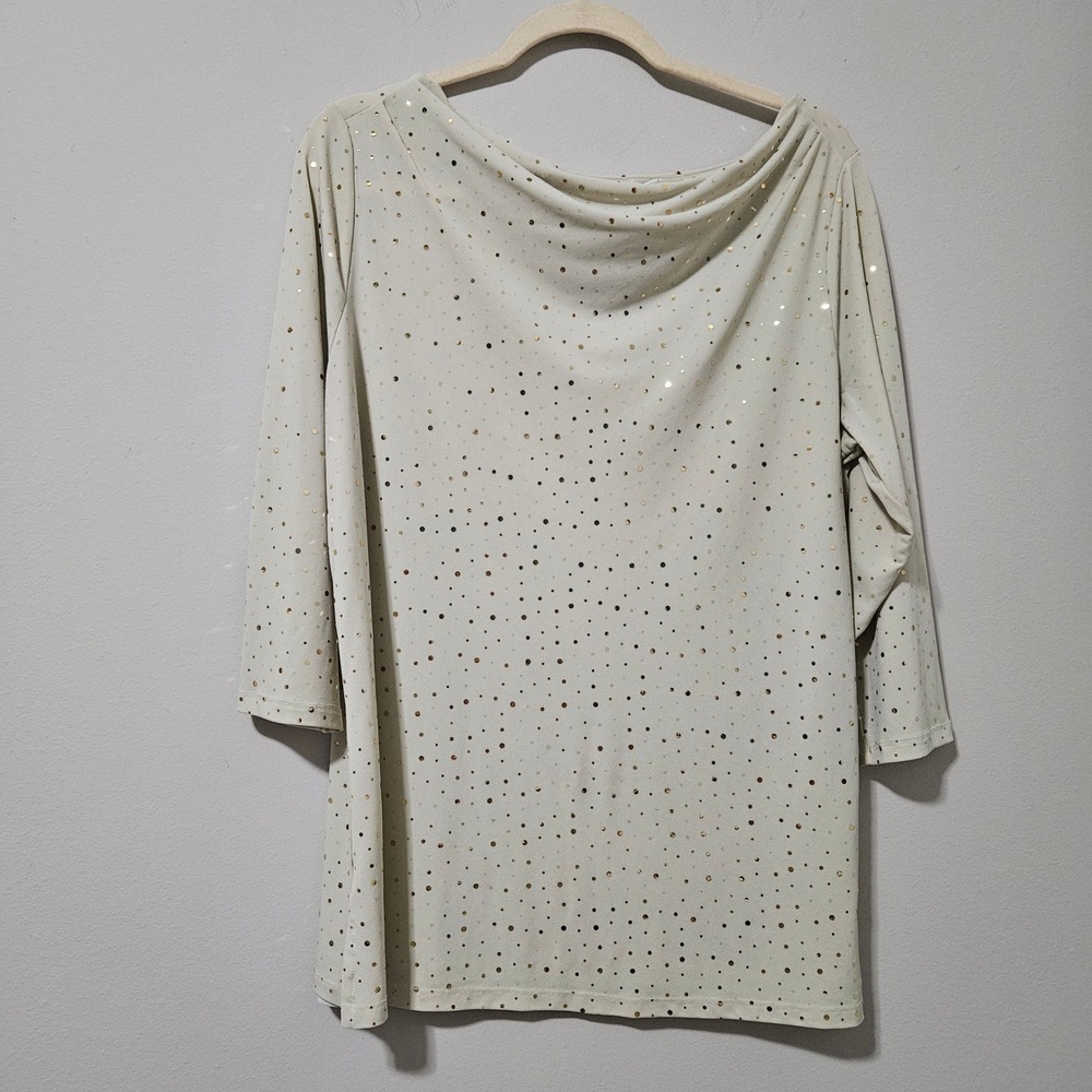 Susan Graver Womens Large Gold Foil Polka Dot Cowl Neck 3/4 Sleeve Top Champagne